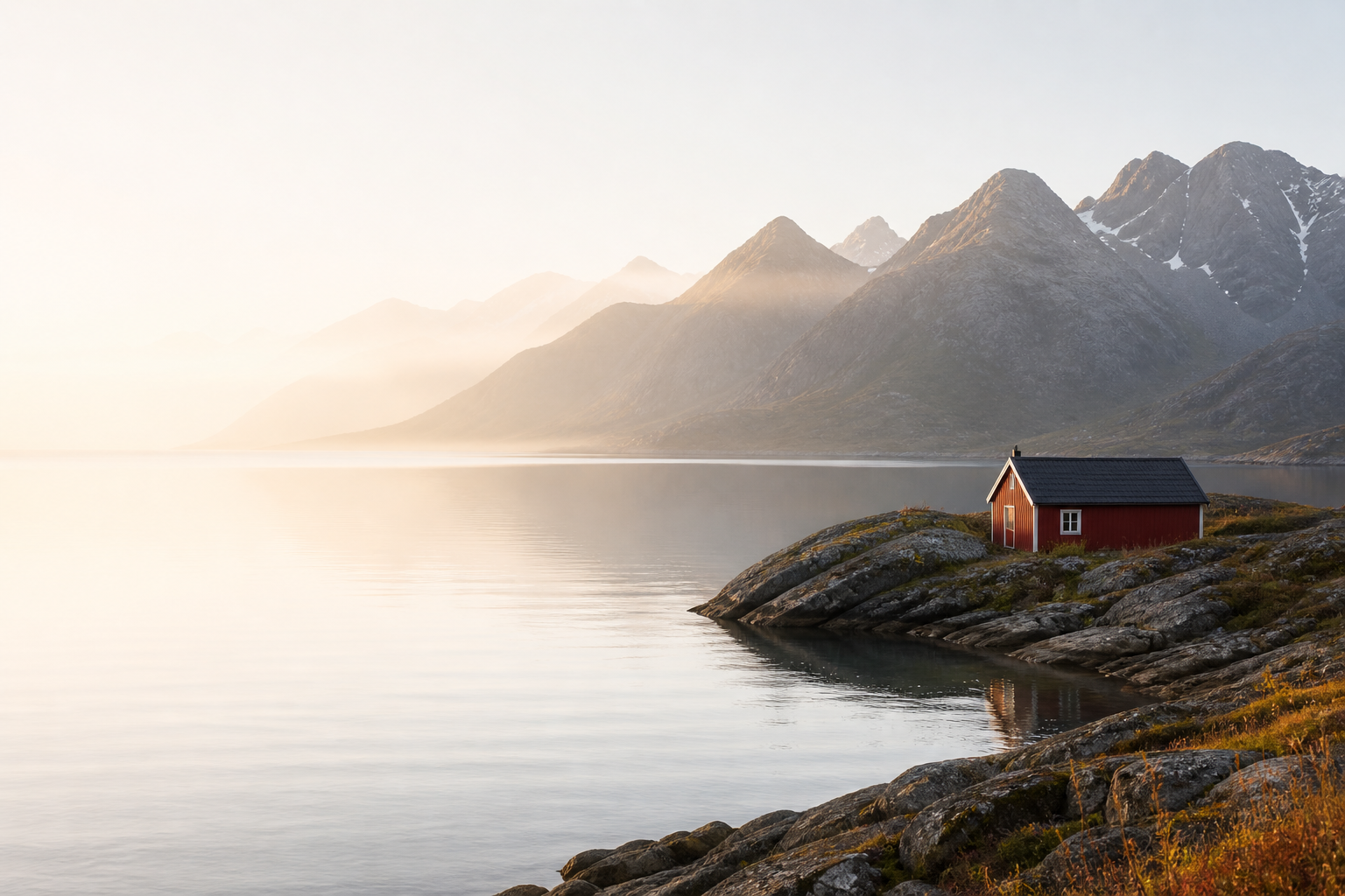 Nordic fjord with red cabin